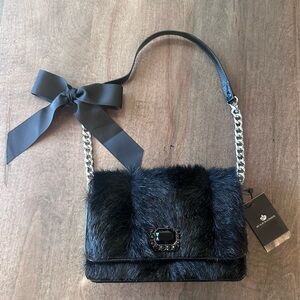 My Flat In London Belle Bag - Black Fur Patent Leather with a Bow - New